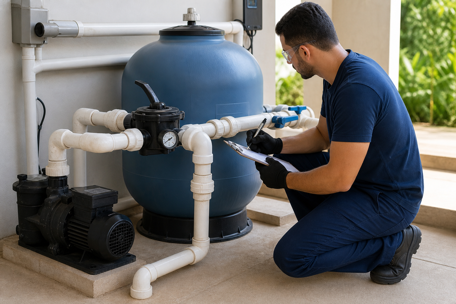 Técnico conferindo manômetro, bomba, filtro de areia e tubulação da casa de máquinas de piscina