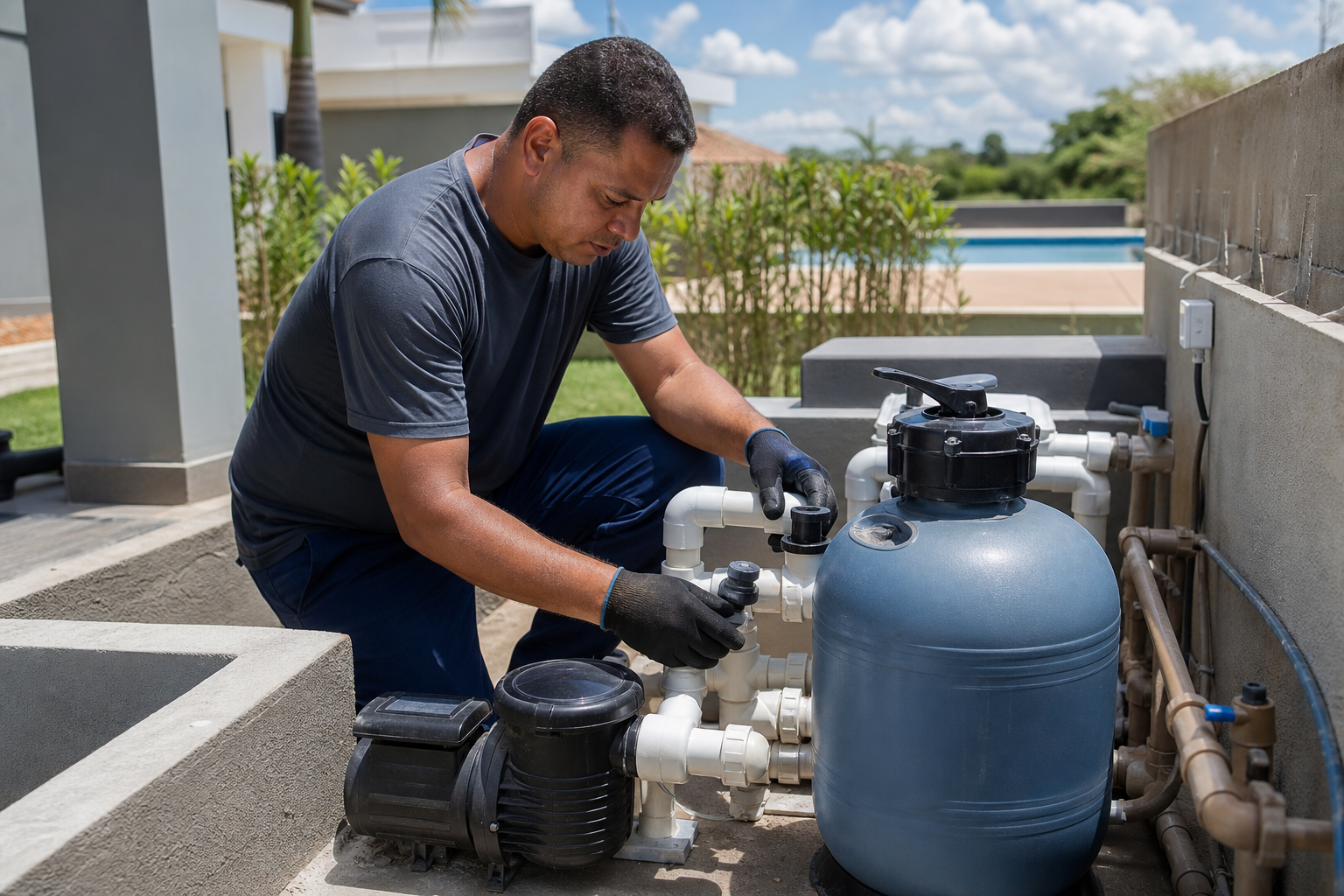 Técnico inspecionando filtro de areia, bomba e tubulações da casa de máquinas de piscina em Anápolis