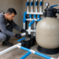 Técnico instalando filtro bomba manômetro e tubulações da casa de máquinas de piscina no Cidade Livre em Aparecida de Goiânia