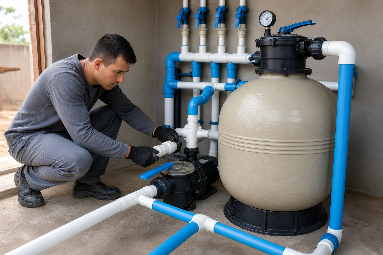 Técnico instalando filtro bomba manômetro e tubulações da casa de máquinas de piscina no Cidade Livre em Aparecida de Goiânia