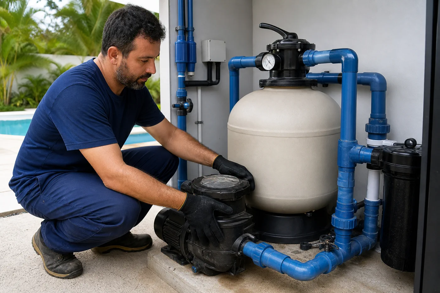 Técnico verificando bomba filtro registros e manômetro na casa de máquinas de piscina residencial