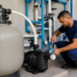 Técnico verificando filtro bomba manômetro registros e tubulações de casa de máquinas de piscina no Serrinha em Goiânia