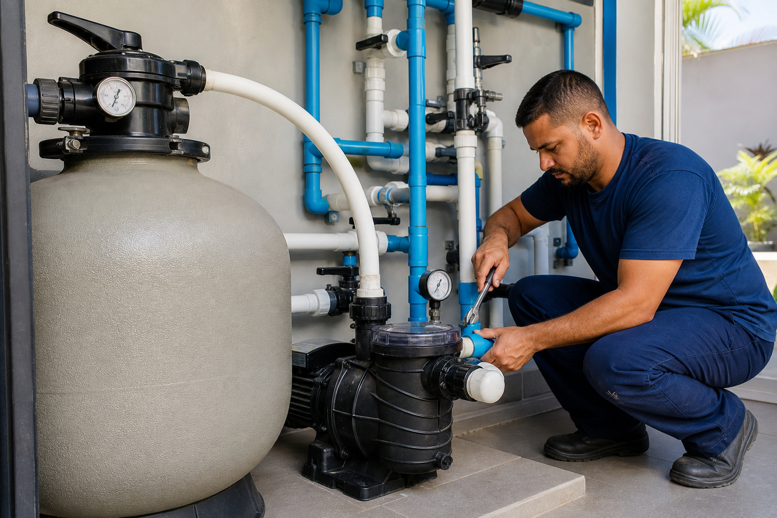 Técnico verificando filtro bomba manômetro registros e tubulações de casa de máquinas de piscina no Serrinha em Goiânia