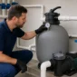 Técnico verificando filtro bomba manômetro e registros na casa de máquinas da piscina