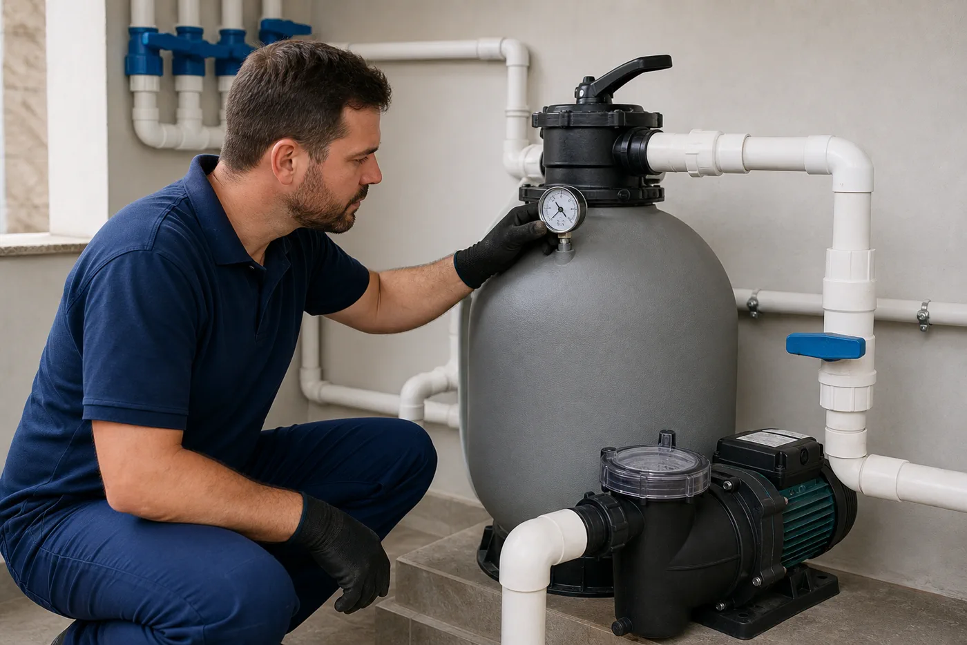 Técnico verificando filtro bomba manômetro e registros na casa de máquinas da piscina