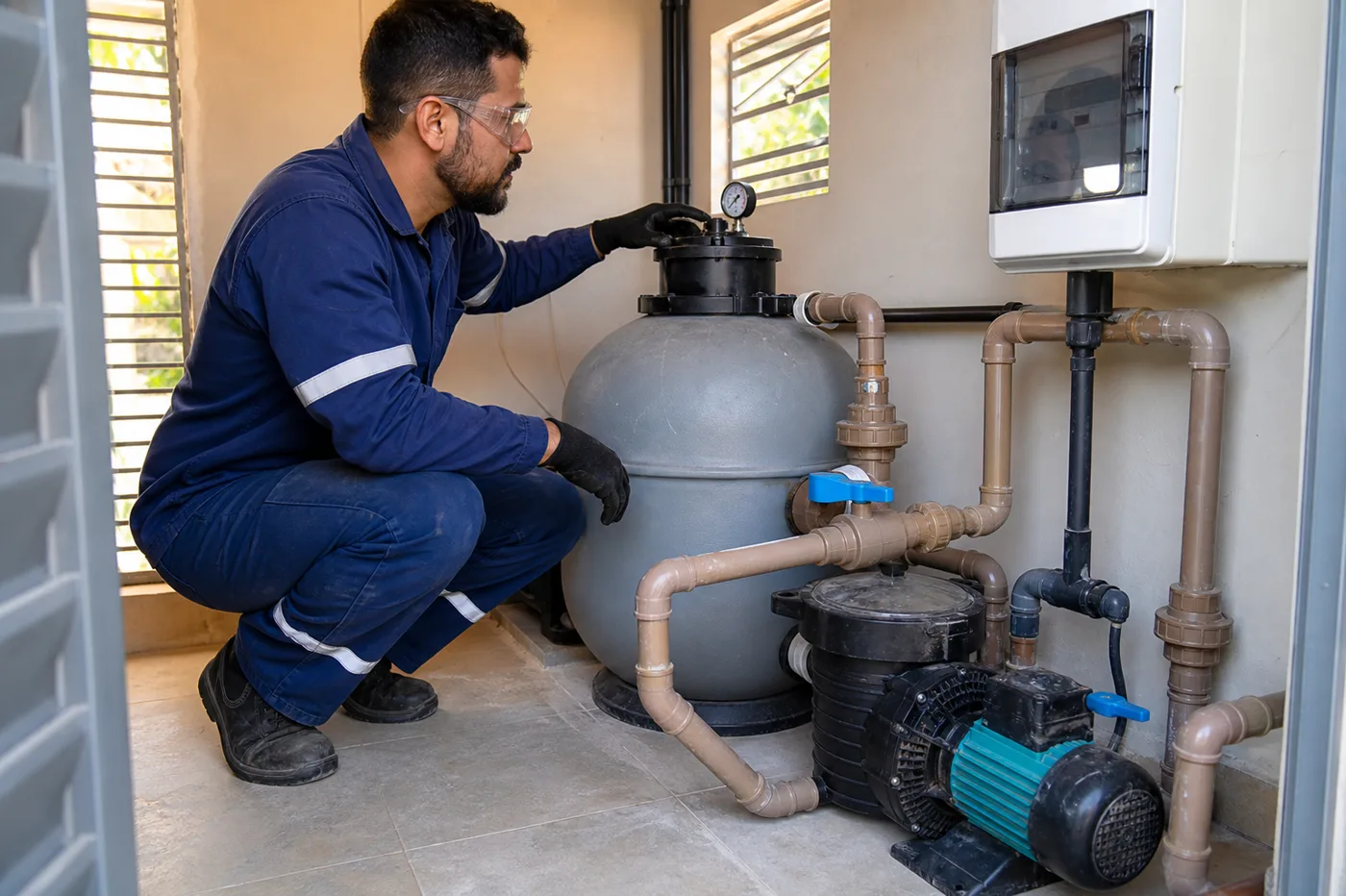 Técnico inspecionando filtro de areia, bomba e registros da casa de máquinas de piscina no Setor Pedro Ludovico em Goiânia