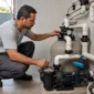 Técnico verificando filtro bomba registros e manômetro da casa de máquinas de piscina