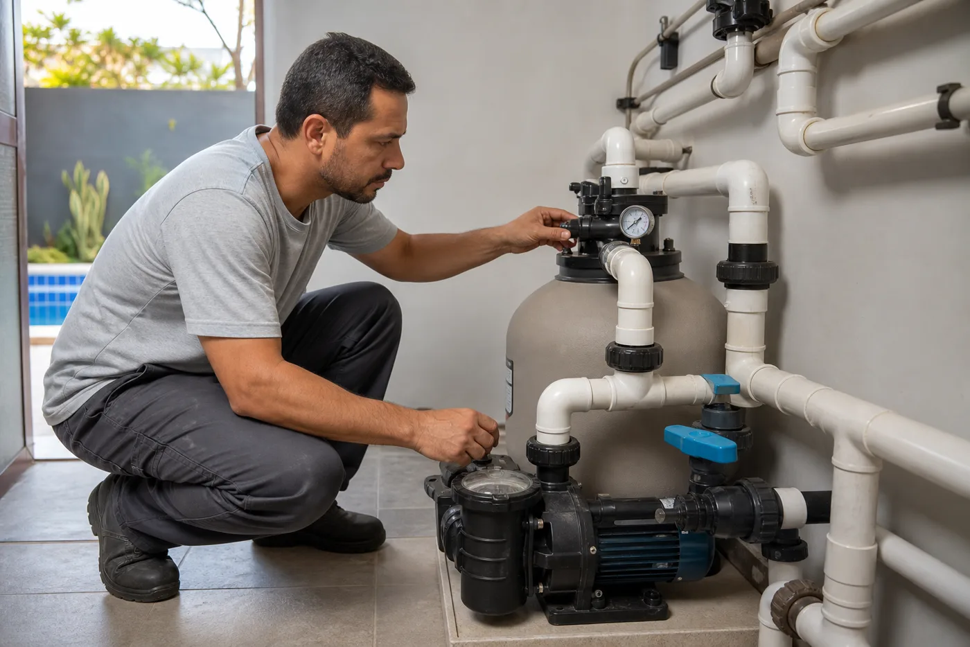Técnico verificando filtro bomba registros e manômetro da casa de máquinas de piscina