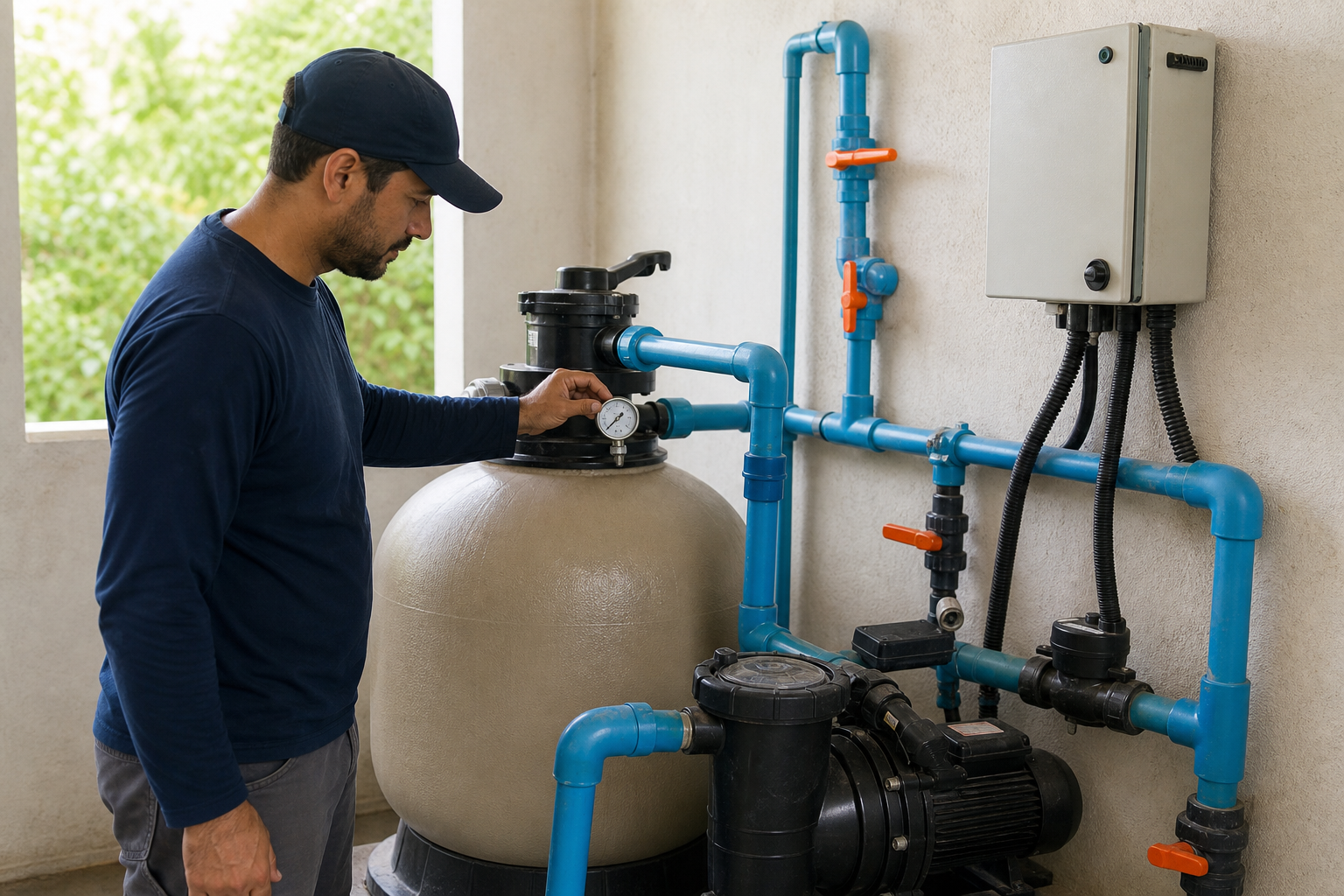 Técnico conferindo manômetro em filtro de areia e bomba de piscina residencial