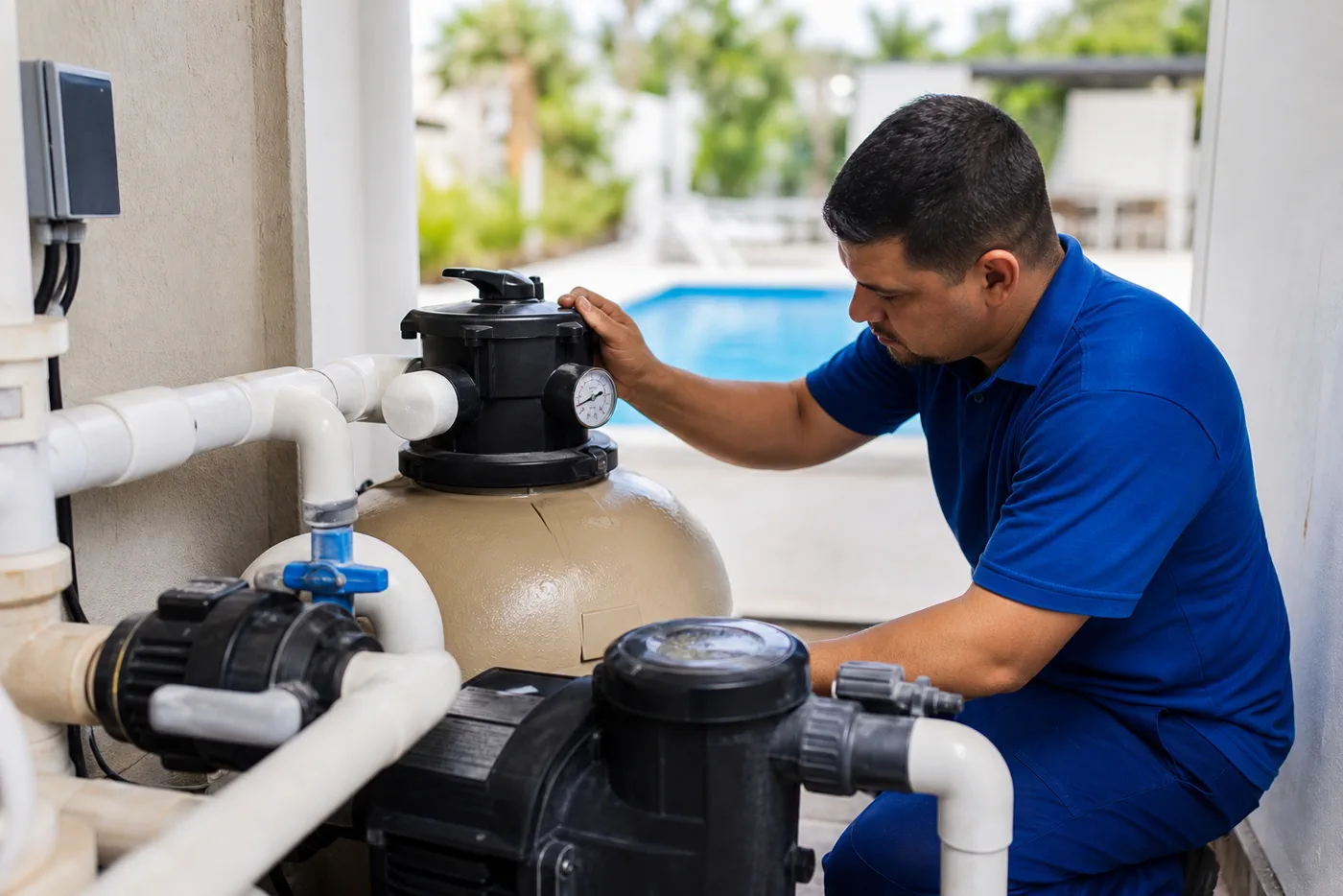 Técnico verificando filtro de areia manômetro bomba e tubulações da casa de máquinas de piscina residencial