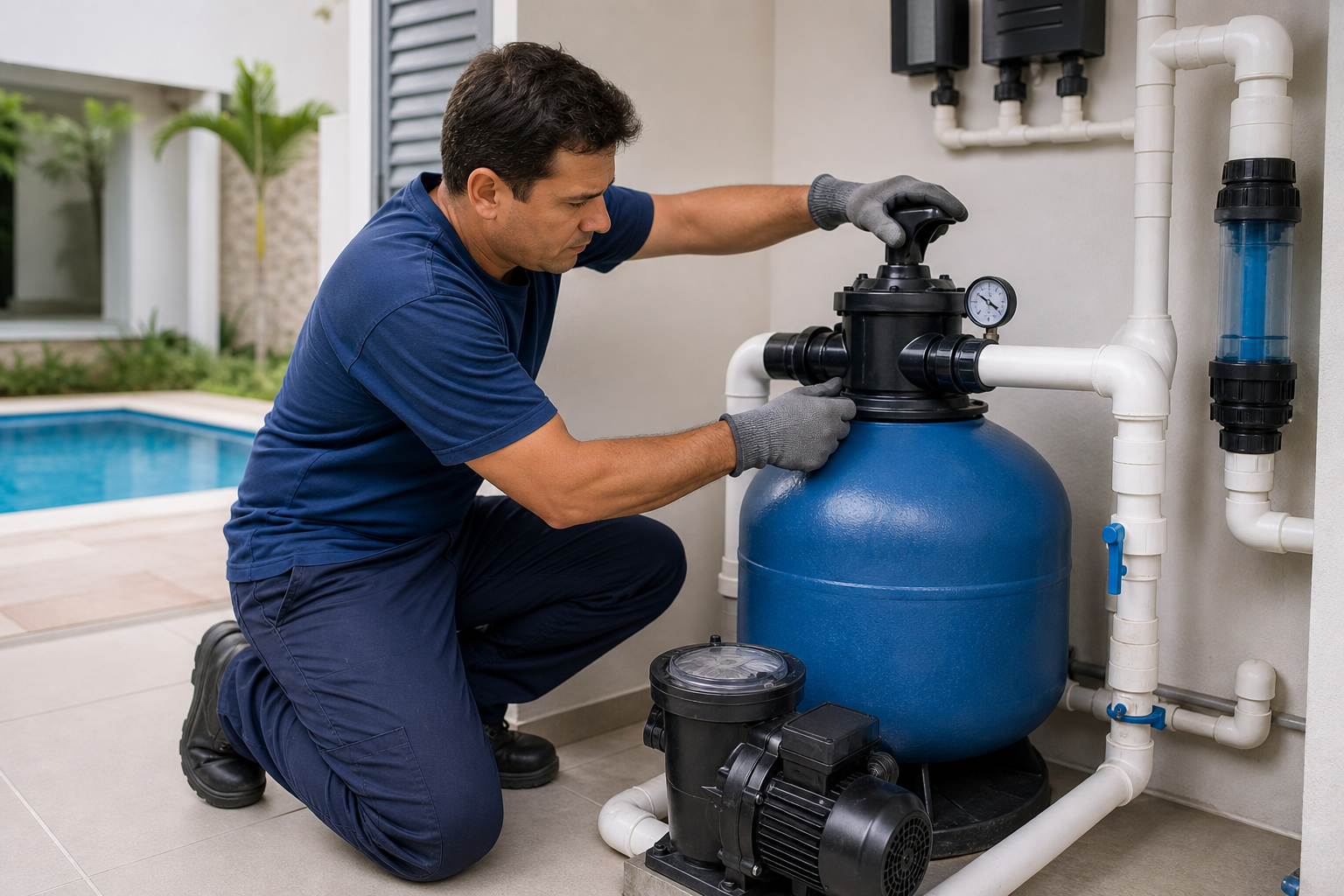Técnico verificando filtro de areia bomba tubulação válvulas e manômetro ao lado de piscina residencial