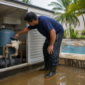 Técnico checando filtro de piscina em casa de máquinas após chuva