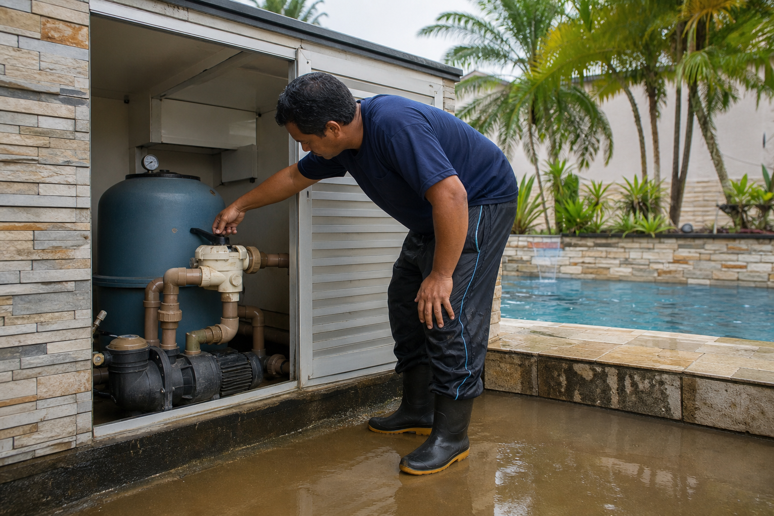 Técnico checando filtro de piscina em casa de máquinas após chuva