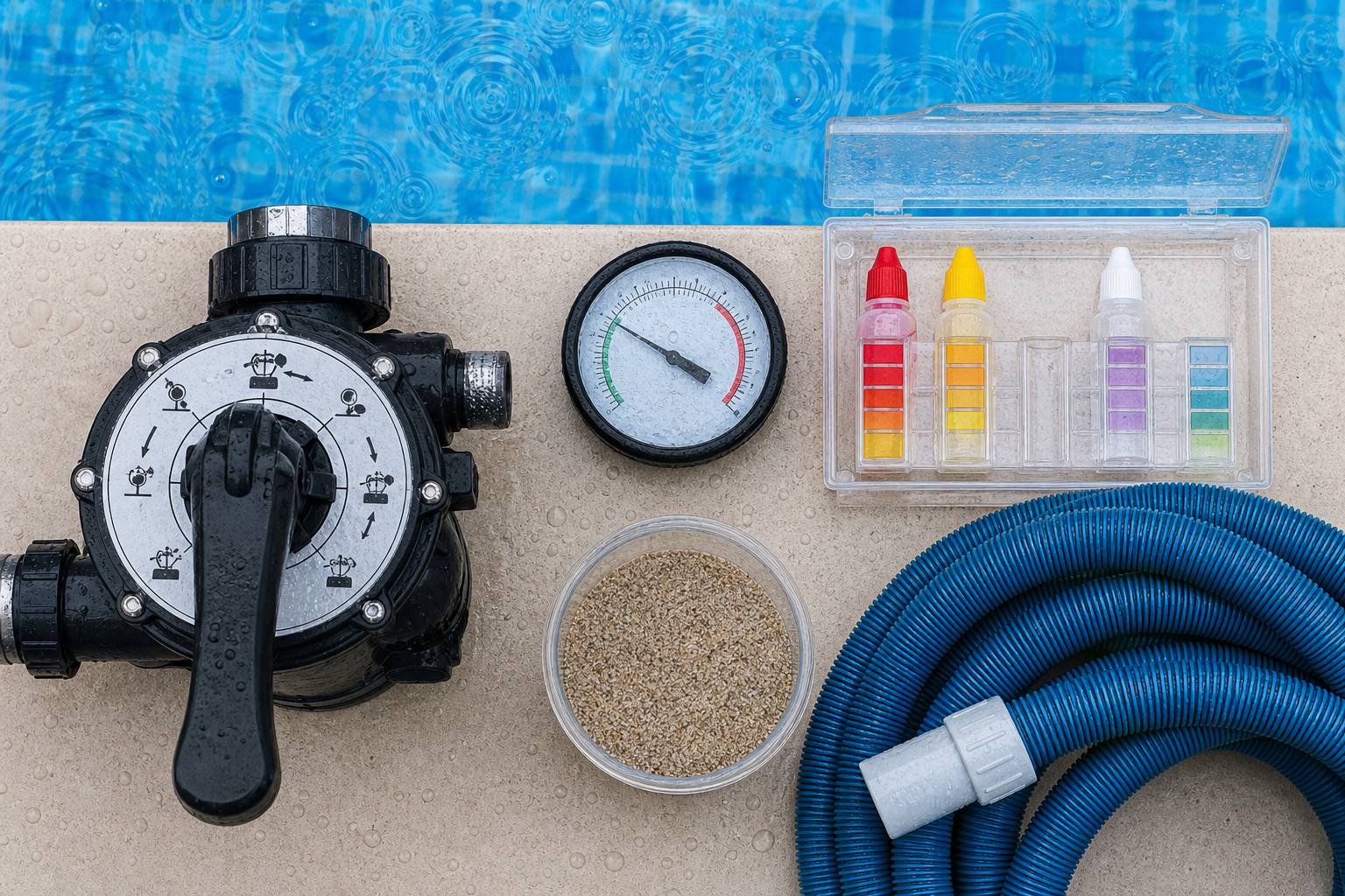 Válvula manômetro areia e teste para filtro de piscina após chuva