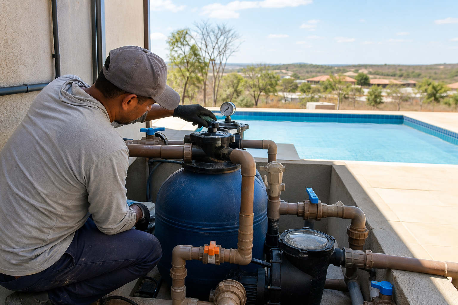 Técnico verificando filtro de areia bomba tubulação válvulas e manômetro ao lado de piscina residencial