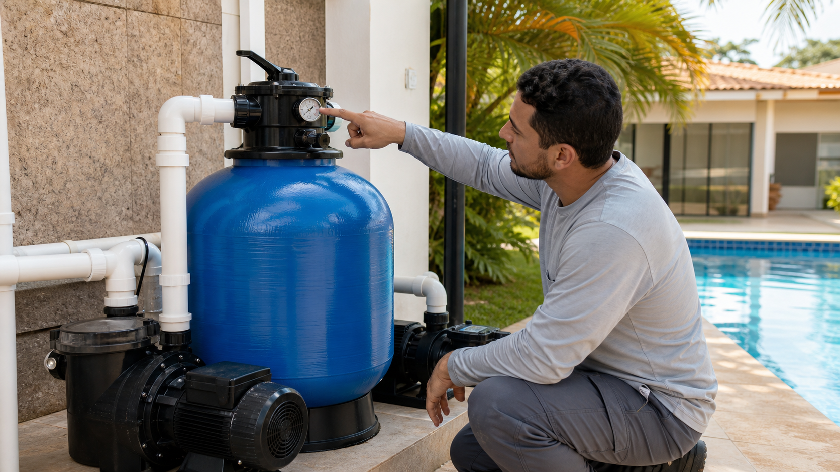Técnico apontando para manômetro de filtro de areia com bomba e tubulação ao lado de piscina residencial