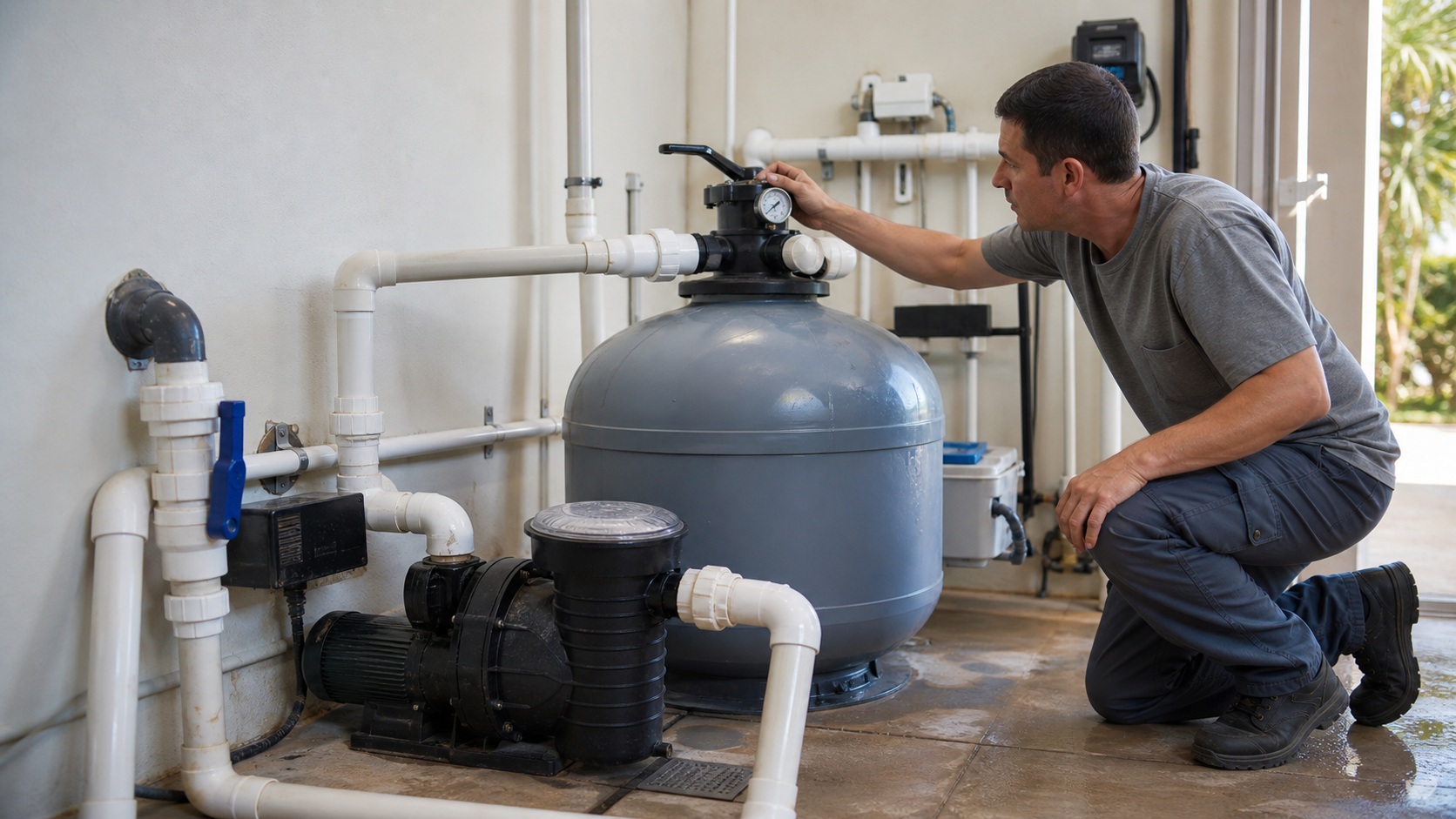 Técnico conferindo manômetro e válvula seletora de filtro de areia com bomba e tubulações de piscina