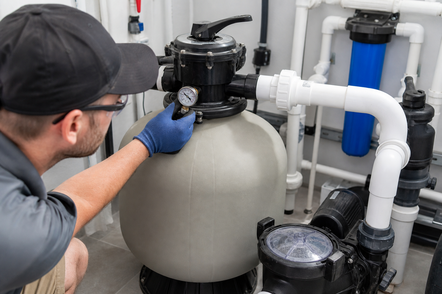 Técnico verificando manômetro em filtro de piscina