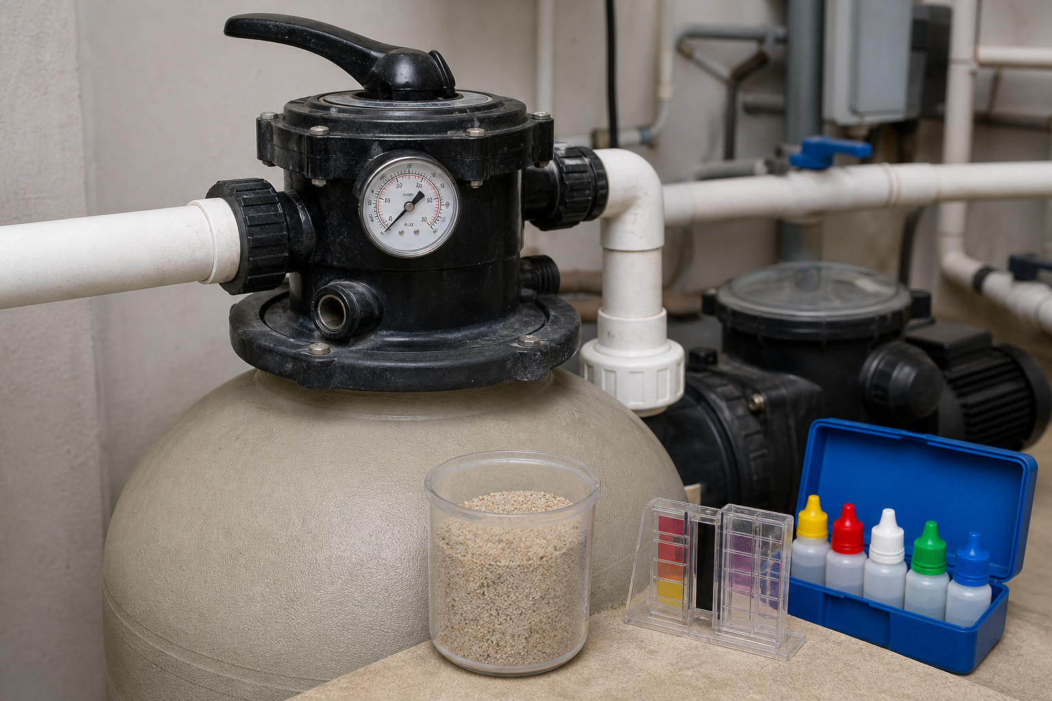 Filtro, válvula e materiais de manutenção em casa de máquinas