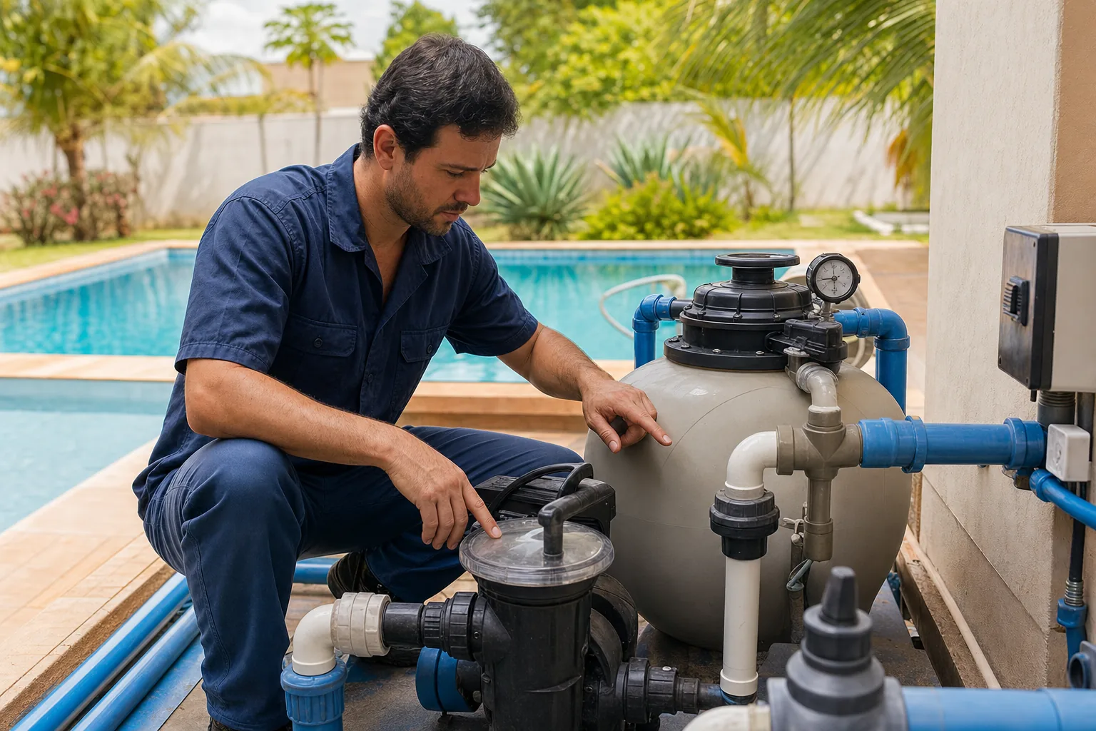 Técnico inspecionando filtro de areia bomba manômetro e tubulação de piscina residencial
