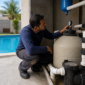 Técnico conferindo filtro de areia bomba tubulações e manômetro em casa de máquinas de piscina residencial
