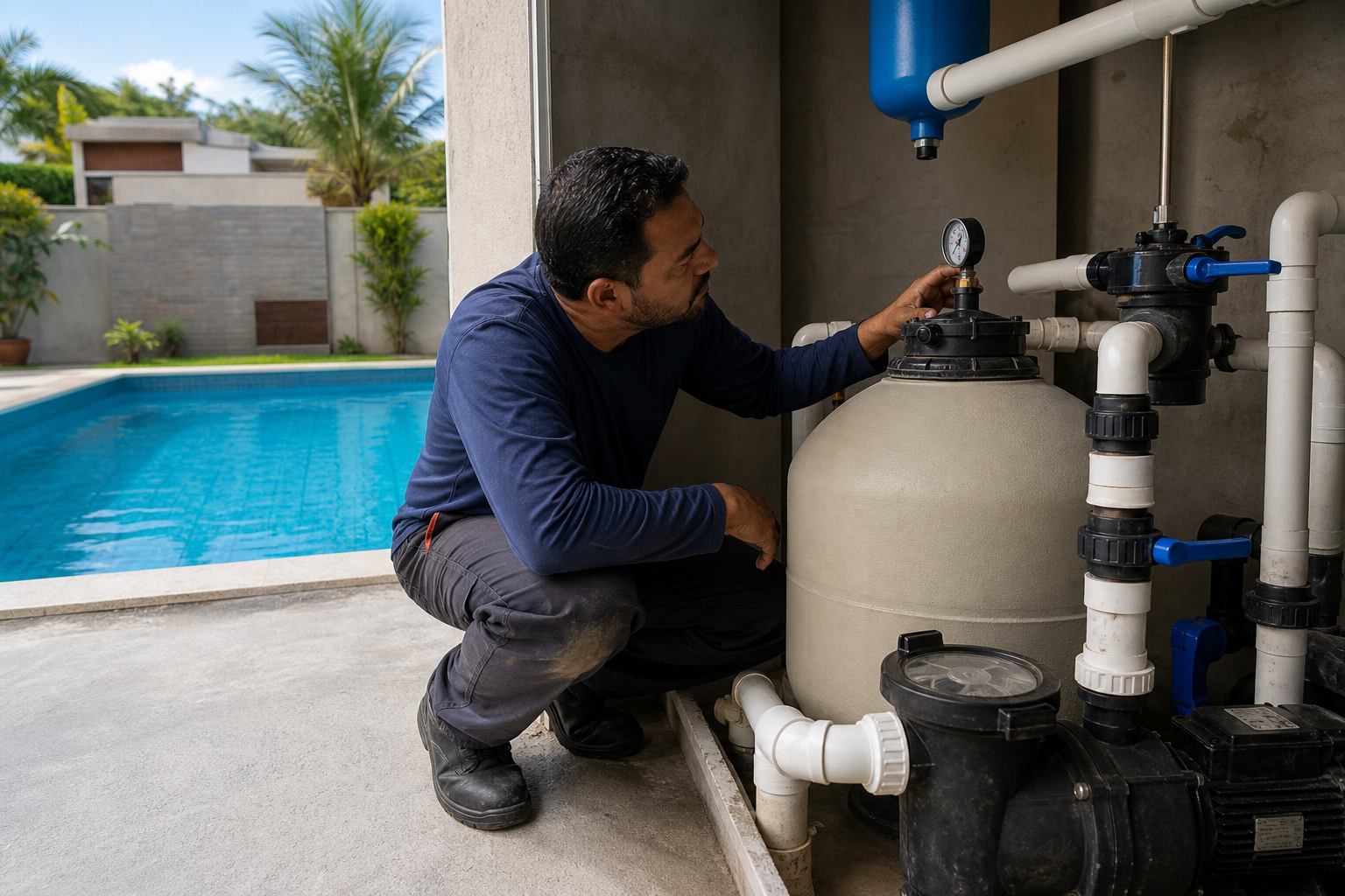 Técnico conferindo filtro de areia bomba tubulações e manômetro em casa de máquinas de piscina residencial