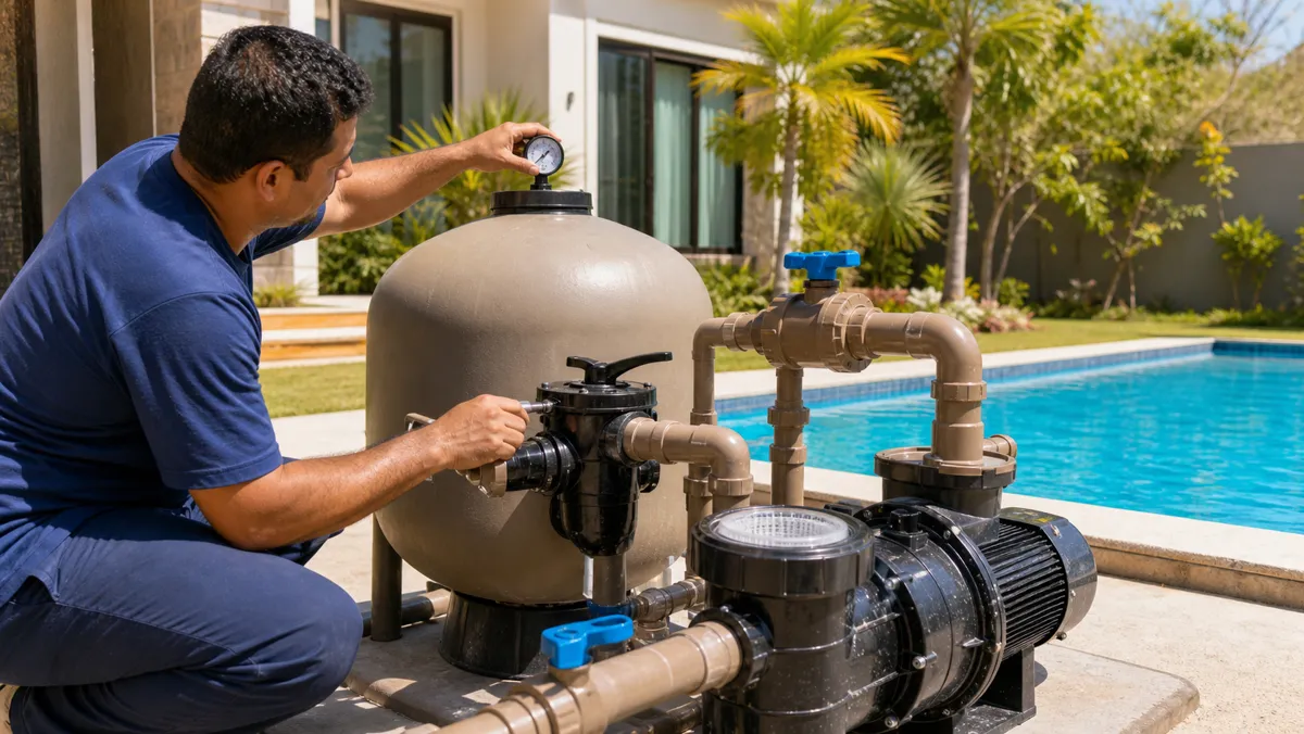 Profissional verificando manômetro e válvulas de filtro de piscina em Guapó