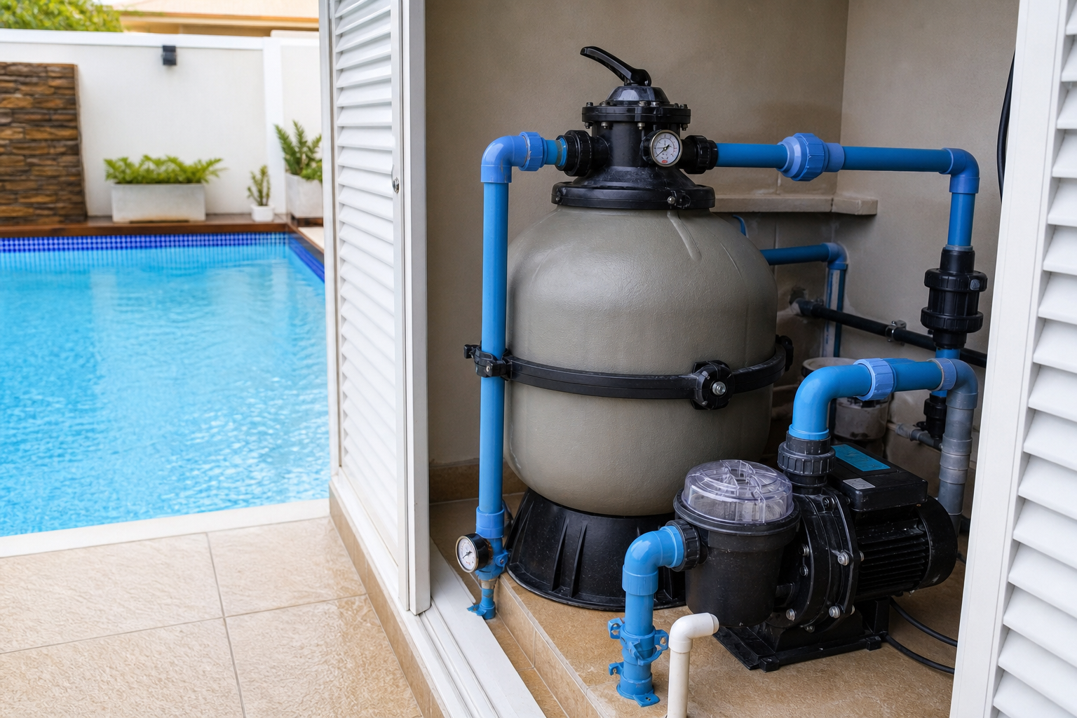Filtro de areia e bomba de piscina instalados em casa de máquinas ao lado de piscina residencial
