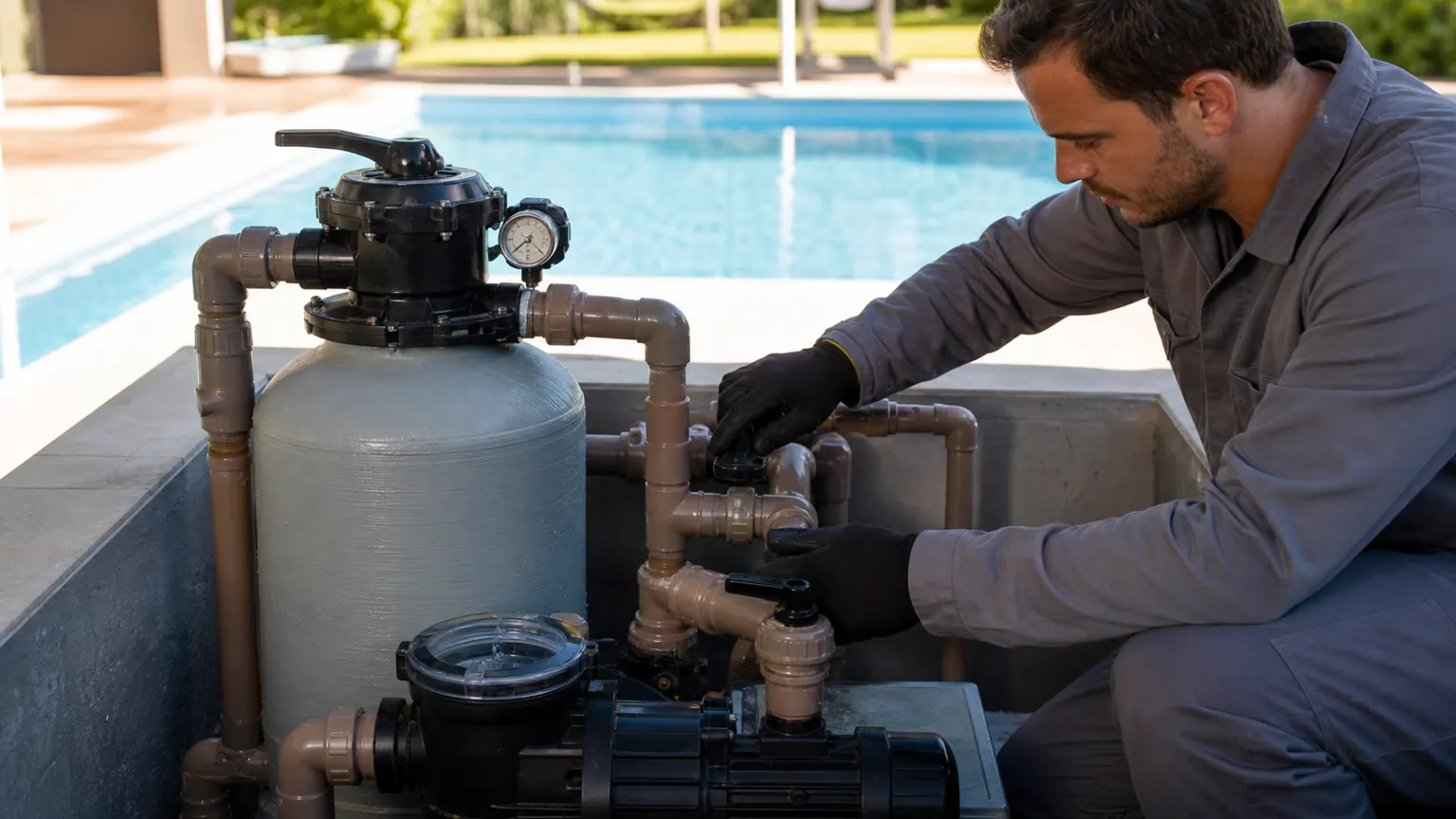 Sistema de filtração de piscina com filtro de areia bomba pré-filtro registros tubulações e técnico conferindo vazão