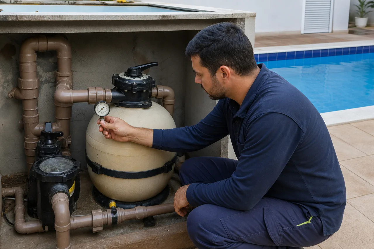Técnico verificando manômetro, bomba e filtro de areia ao lado de piscina residencial