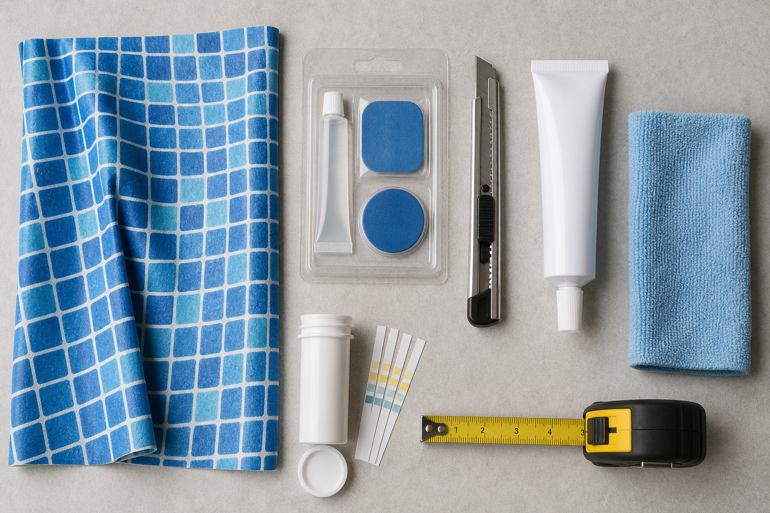 Kit de reparo amostra de vinil e ferramentas para vazamento de piscina