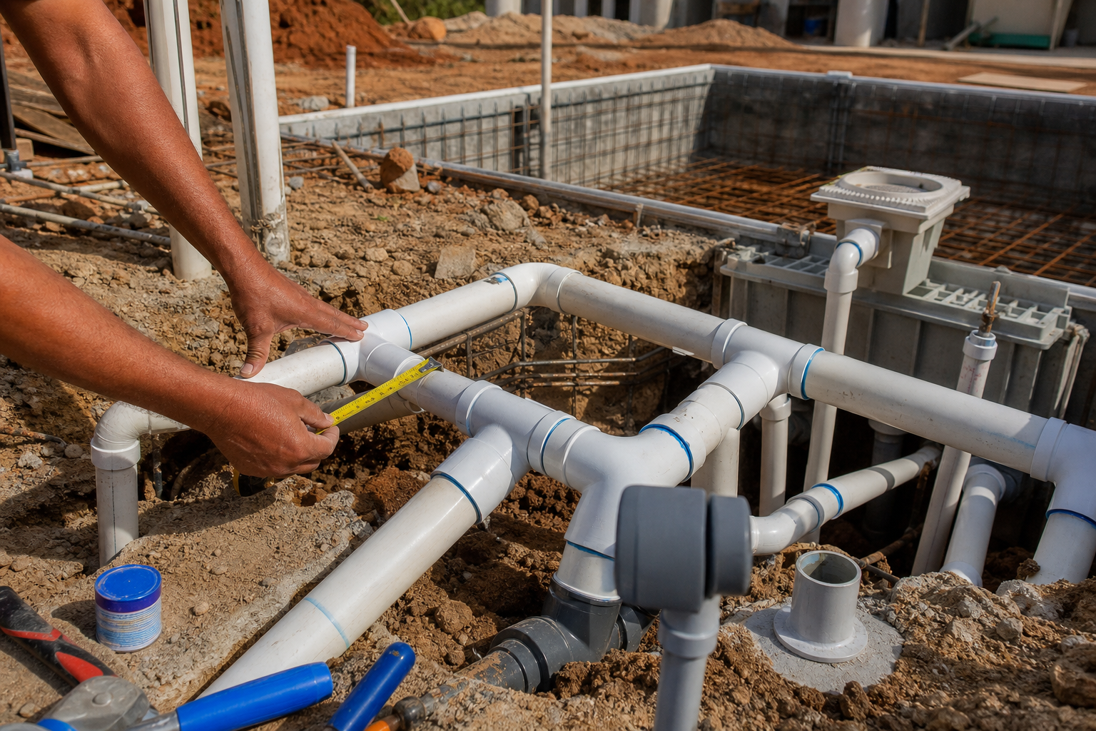 Tubulação de PVC, conexões e skimmer sendo conferidos durante obra de piscina