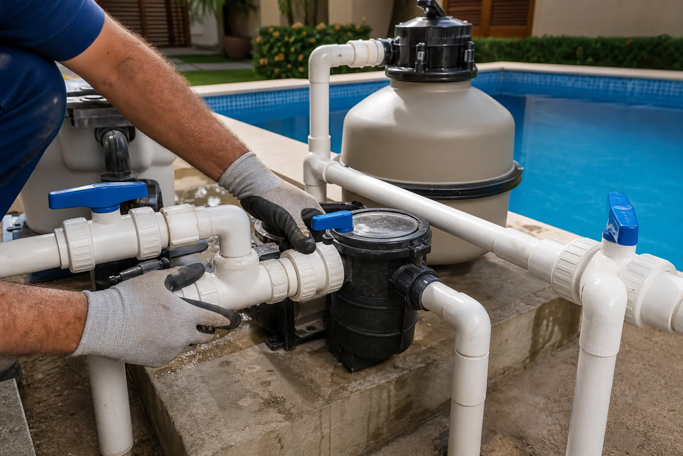 Técnico ajustando tubulações registros e pré-filtro ao lado de piscina residencial