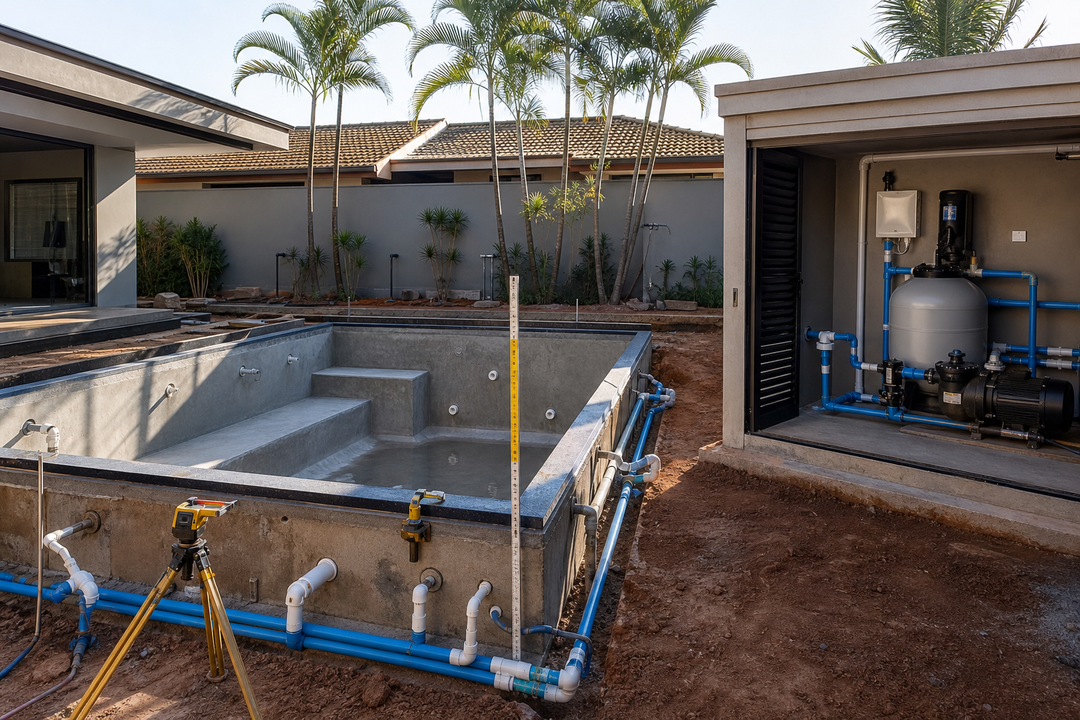 Piscina em construção com tubulações filtro bomba e casa de máquinas planejados em Goiânia