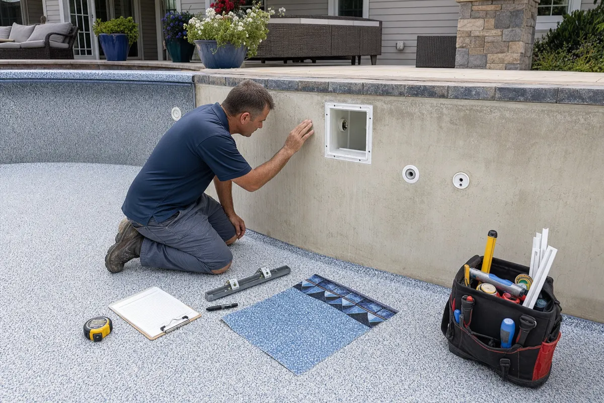Técnico avaliando base, dispositivos e amostra de vinil antes de instalar novo revestimento de piscina