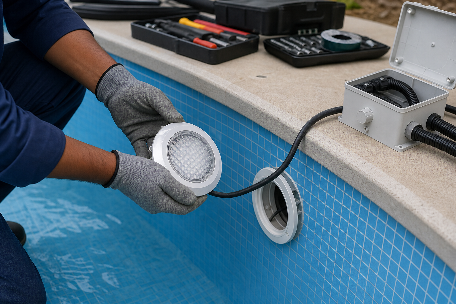 Técnico segurando luminária LED retirada do nicho da piscina para inspeção do cabo e encaixe