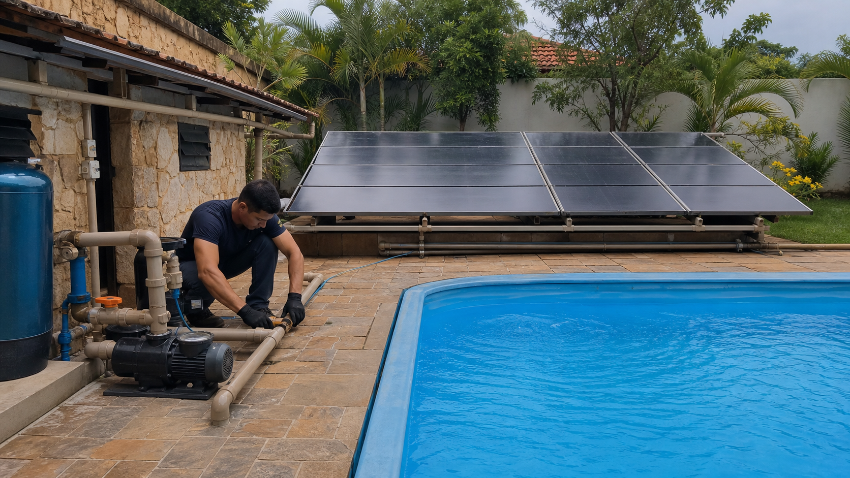 Técnico ajustando tubulações na casa de máquinas da piscina com coletores solares ao lado