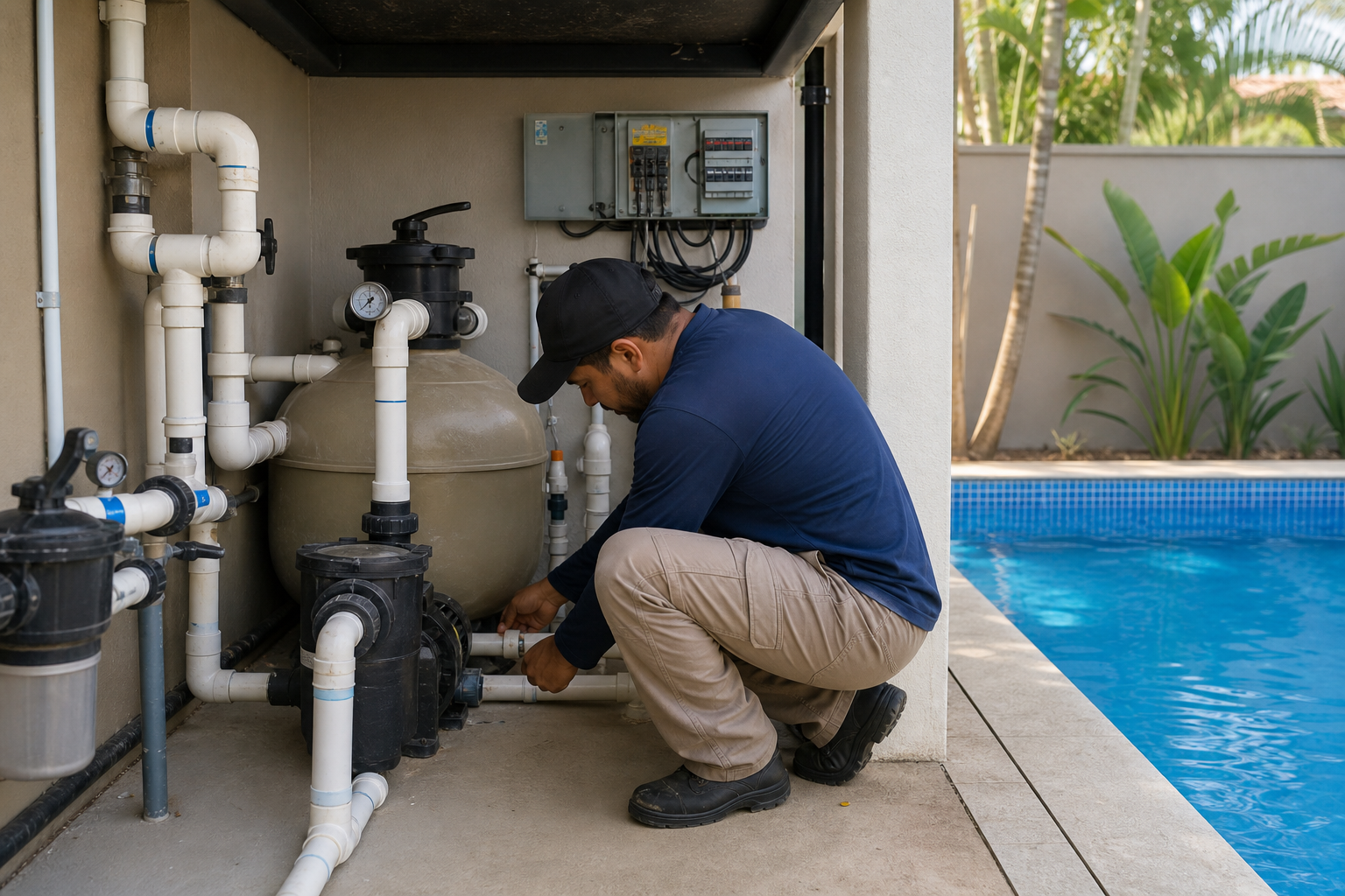 Técnico organizando tubulação, bomba e filtro em casa de máquinas de piscina residencial