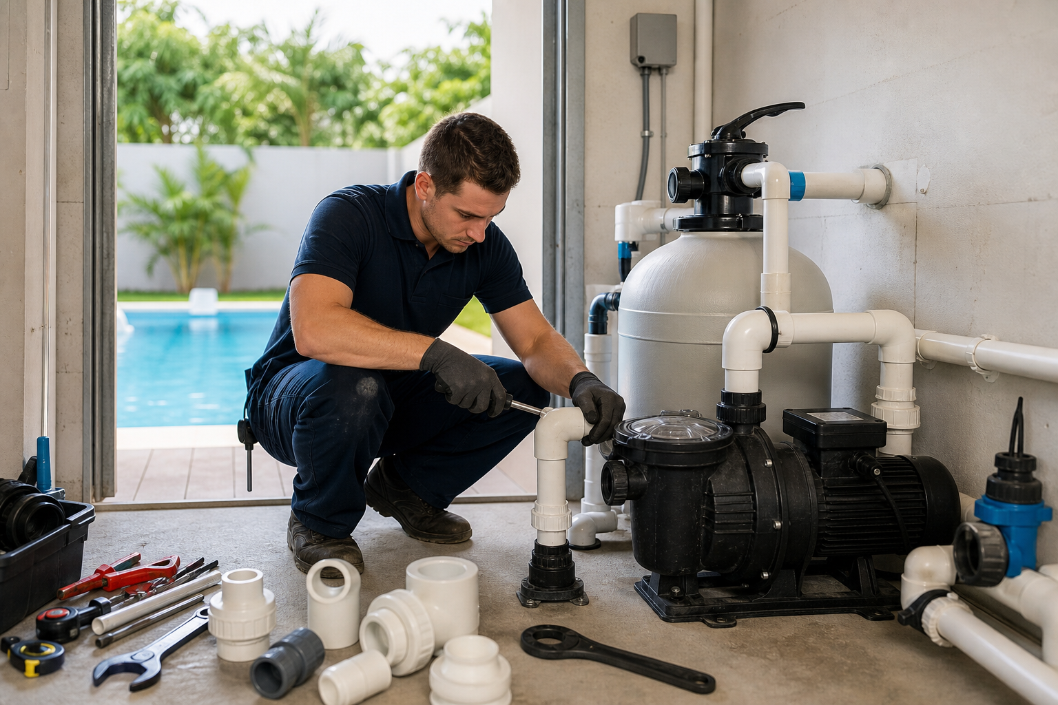 Técnico instalando tubulação, bomba e filtro em casa de máquinas de piscina residencial