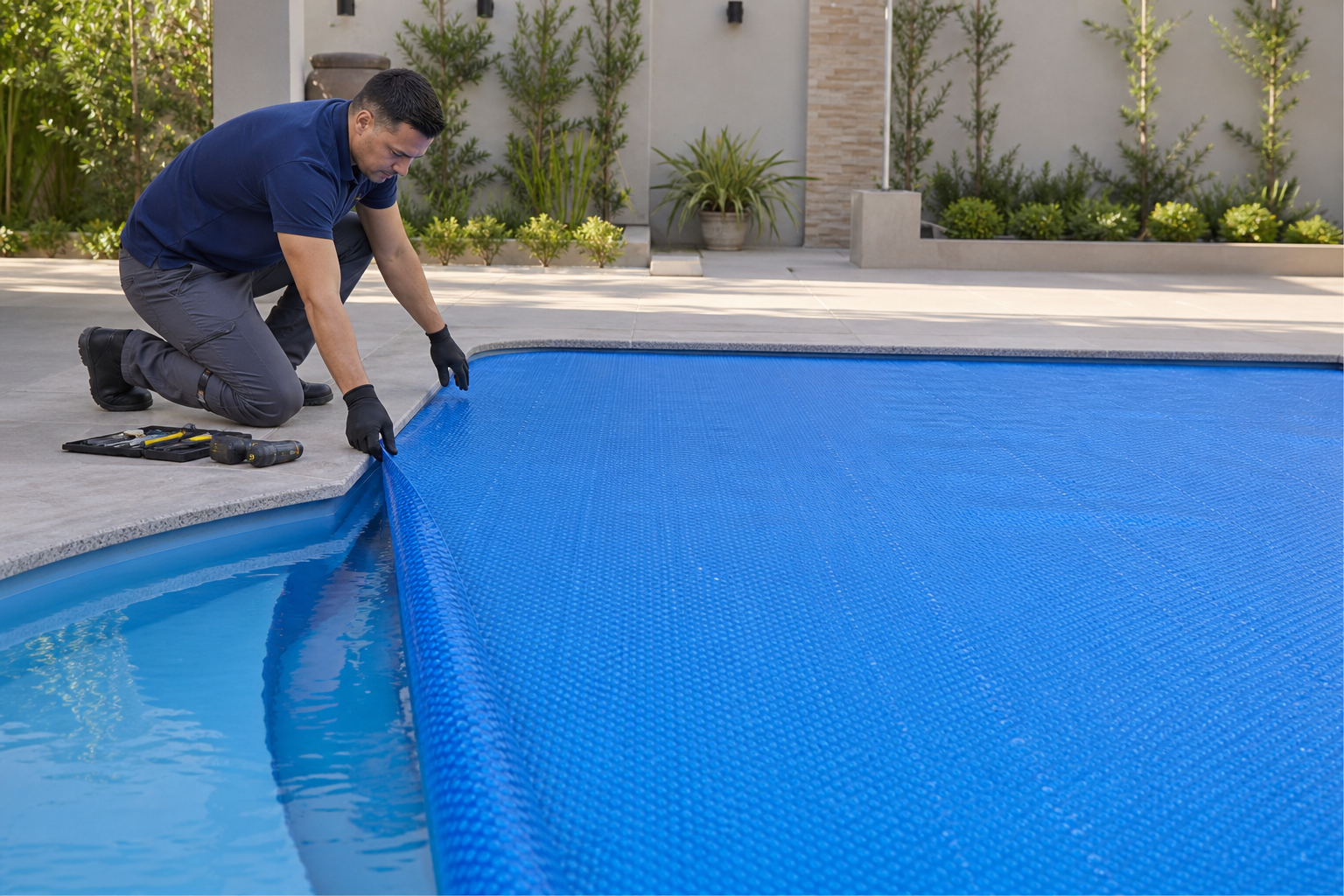 Técnico ajustando capa térmica azul sobre piscina residencial com ferramentas ao lado