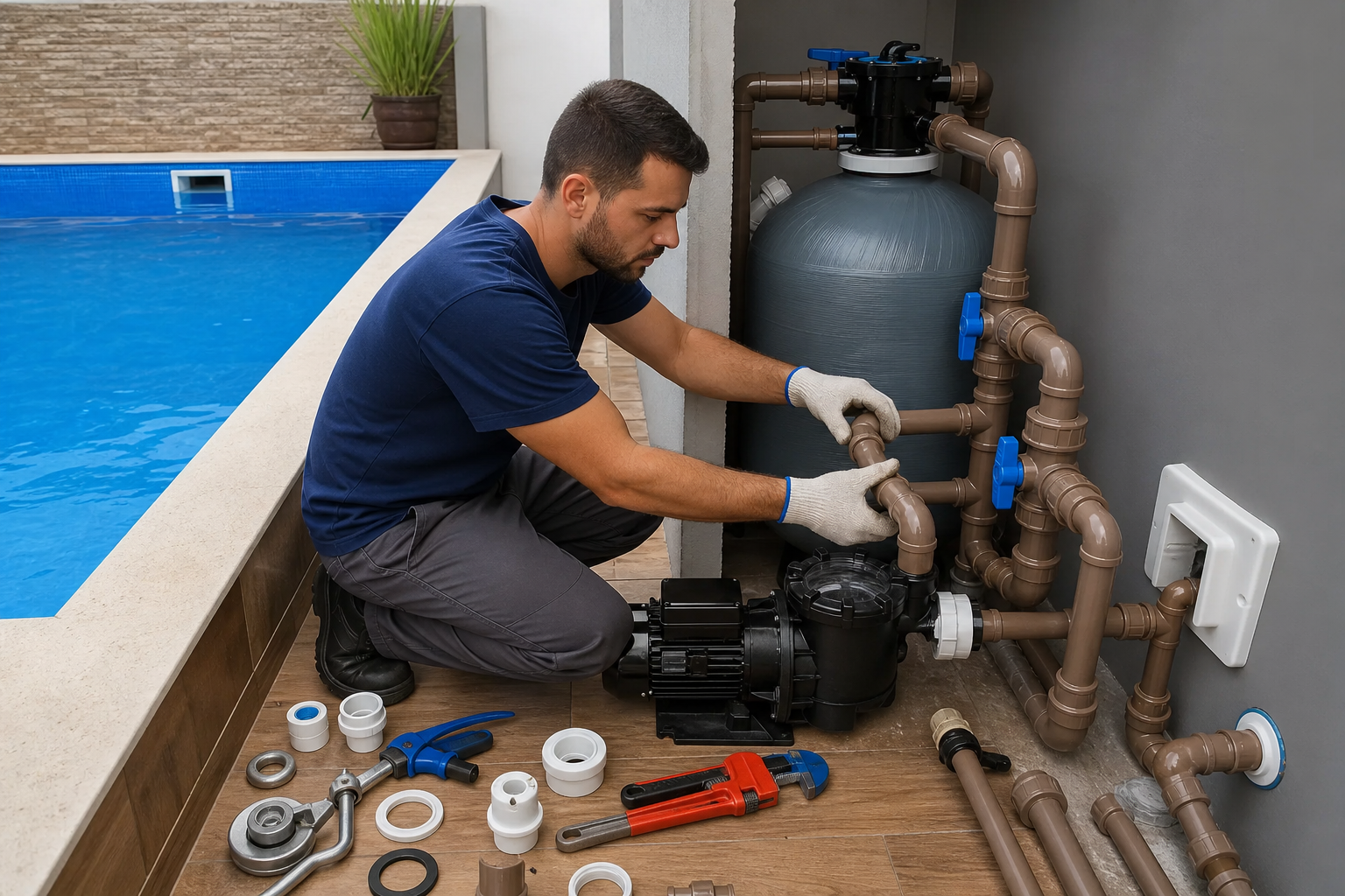 Técnico instalando tubulações bomba e filtro da casa de máquinas ao lado de piscina residencial