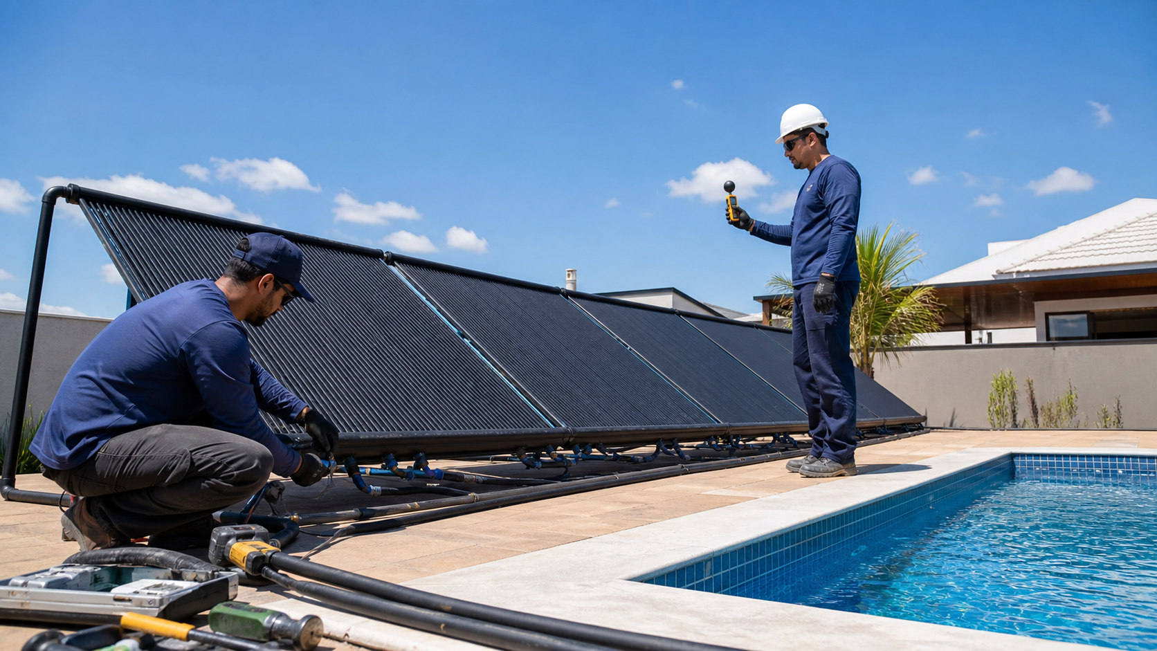 Dois técnicos instalando coletores solares térmicos pretos ao lado de uma piscina em dia ensolarado
