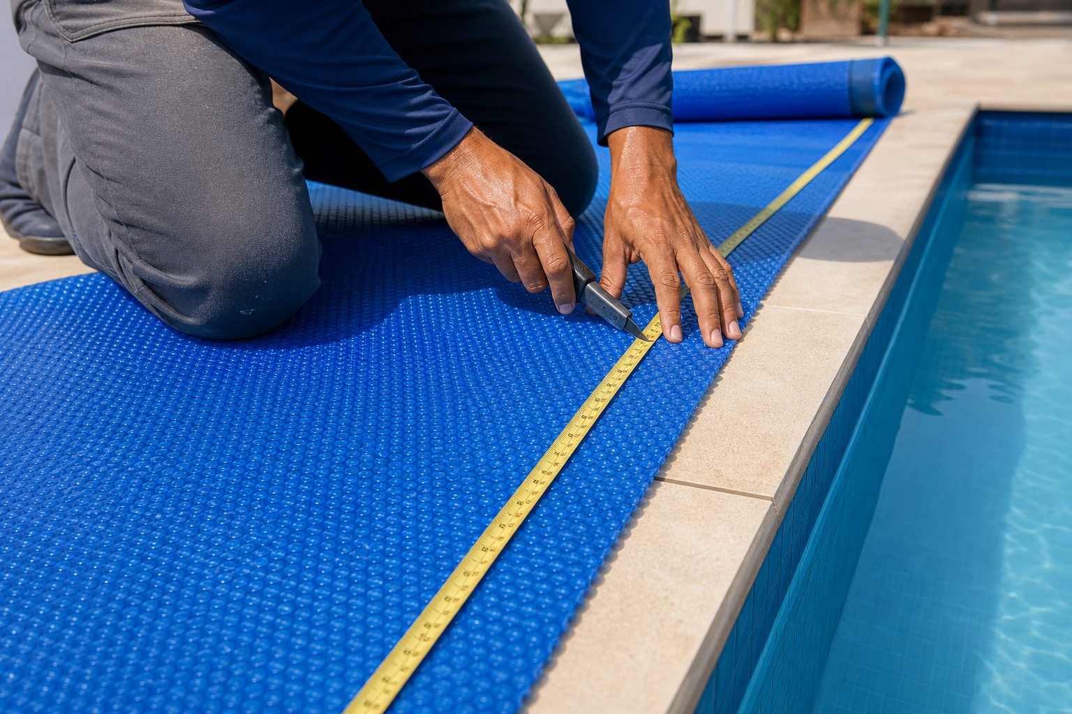 Técnico ajustando e cortando capa térmica azul sobre a borda da piscina com trena e estilete