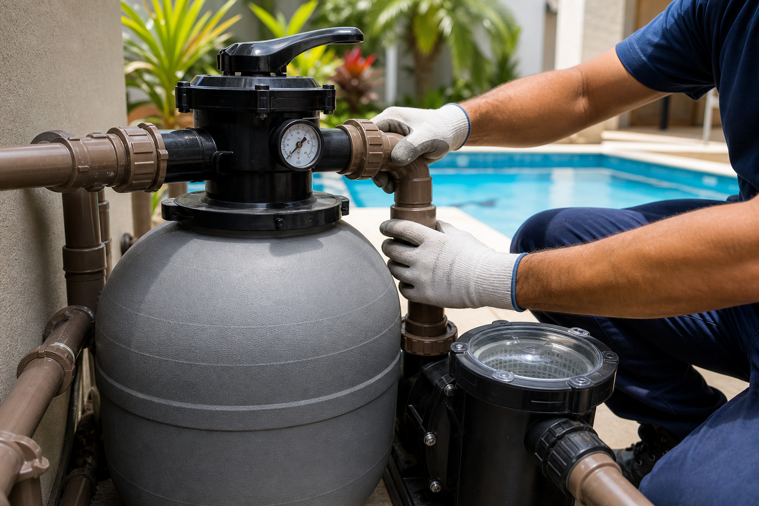 Instalação de filtro de piscina com bomba pré-filtro tubulações válvulas e piscina residencial ao fundo