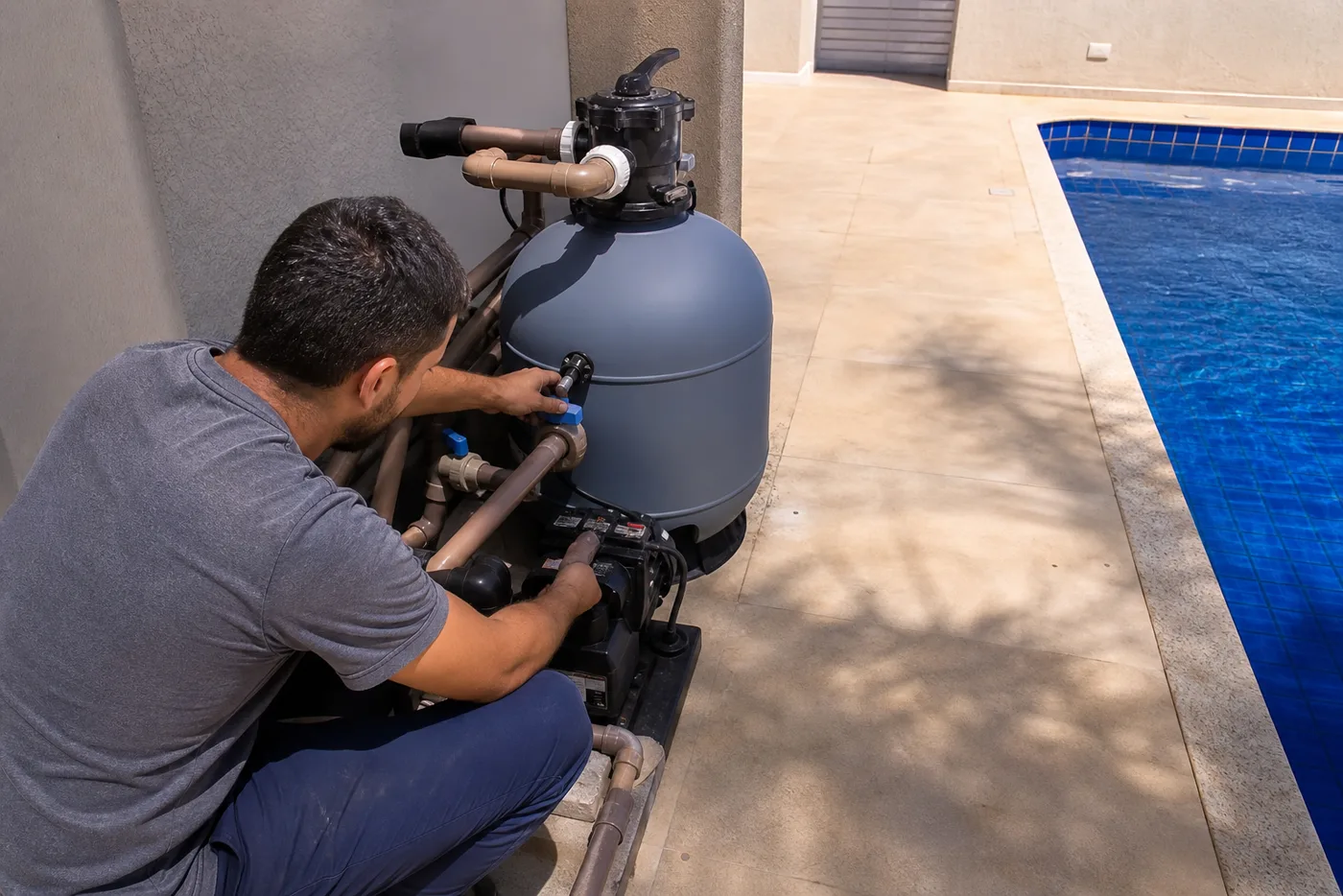 Instalação de filtro e bomba ao lado de piscina residencial com tubulação e registros visíveis