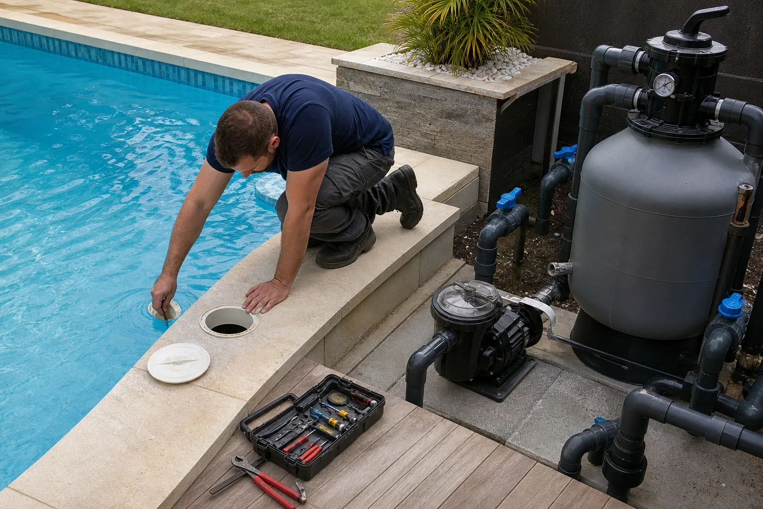 Técnico inspecionando retorno e skimmer de piscina com filtro bomba registros e ferramentas ao lado