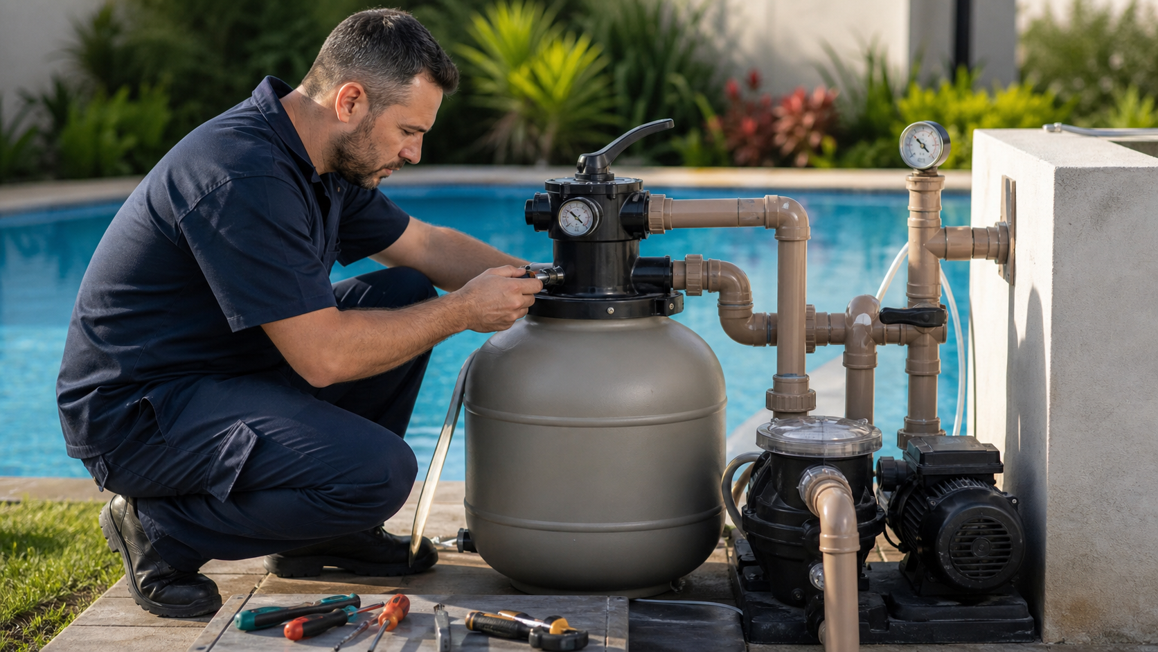Técnico ajustando sistema de filtragem com filtro de areia, bomba, conexões hidráulicas e piscina ao fundo