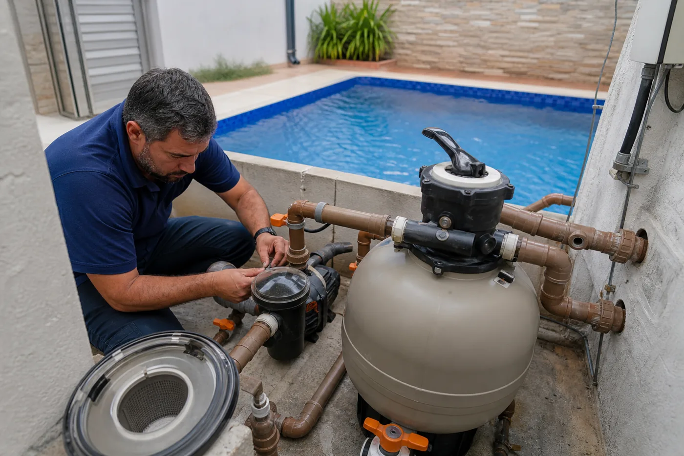 Técnico conferindo pré-filtro bomba e tubulações de casa de máquinas ao lado de piscina de vinil em Goiânia