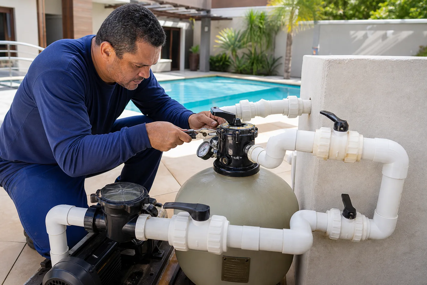 Instalação hidráulica com filtro, bomba, válvulas e tubulações de piscina residencial em Goiânia