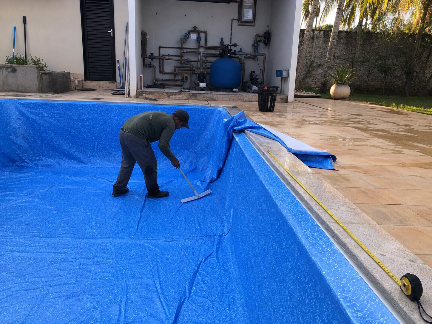 Técnico posicionando novo vinil azul em piscina residencial com trena e casa de máquinas ao fundo